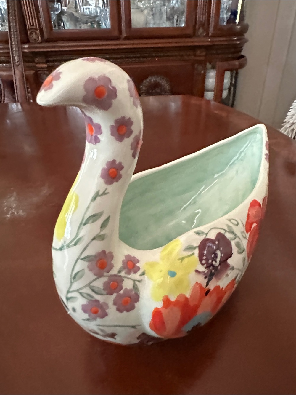 Vintage Floral Ceramic Swan Planter - Multicolor